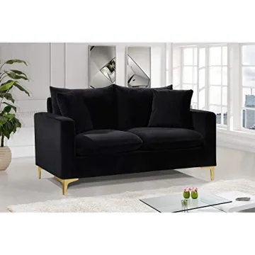 Meridian Furniture Naomi Collection Modern | Contemporary Black Velvet Upholstered Loveseat with Stainless Steel Base in a Rich Gold Or Chrome Finish