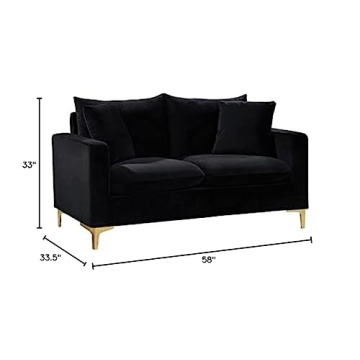Meridian Furniture Naomi Collection Modern | Contemporary Black Velvet Upholstered Loveseat with Stainless Steel Base in a Rich Gold Or Chrome Finish