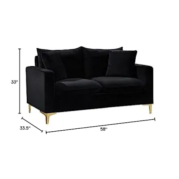 Meridian Furniture Naomi Collection Modern | Contemporary Black Velvet Upholstered Loveseat with Stainless Steel Base in a Rich Gold Or Chrome Finish