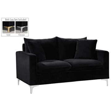 Meridian Furniture Naomi Collection Modern | Contemporary Black Velvet Upholstered Loveseat with Stainless Steel Base in a Rich Gold Or Chrome Finish