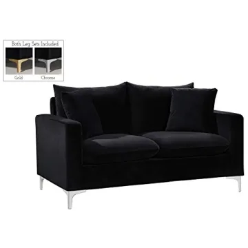 Meridian Furniture Naomi Collection Modern | Contemporary Black Velvet Upholstered Loveseat with Stainless Steel Base in a Rich Gold Or Chrome Finish