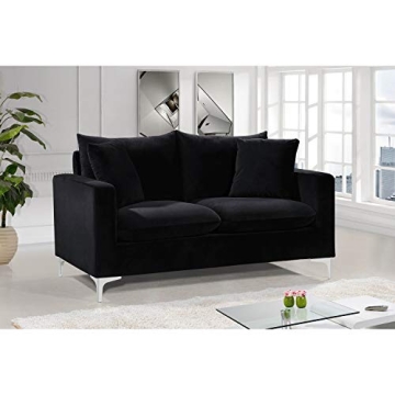 Meridian Furniture Naomi Collection Modern | Contemporary Black Velvet Upholstered Loveseat with Stainless Steel Base in a Rich Gold Or Chrome Finish