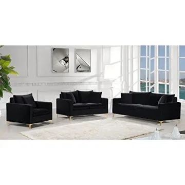 Meridian Furniture Naomi Collection Modern | Contemporary Black Velvet Upholstered Loveseat with Stainless Steel Base in a Rich Gold Or Chrome Finish