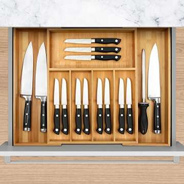 VaeFae Premium Bamboo Drawer Organizer, Expandable Silverware Drawer Organizer, Cutlery Tray with Di...