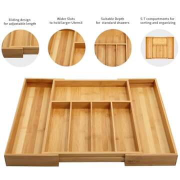 VaeFae Bamboo Drawer Organizer - Expandable Cutlery Tray
