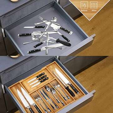 VaeFae Bamboo Drawer Organizer - Expandable Cutlery Tray
