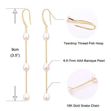 Baroque Pearl 18K Gold Hoop Drop Dangle Earrings for Women Long Snake Chain Dainty Bridal Earrings for Wedding