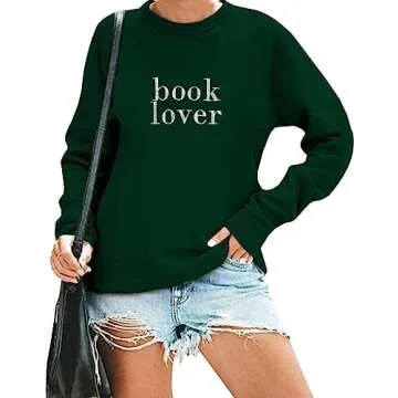 MOUSYA Book Lover Embroidered Sweatshirt Women Funny Reading Book Long Sleeve Shirt Casual Teacher P...