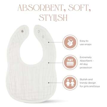 Comfy Cubs Muslin Bibs for Babies, (Pack of 8) - Soft and Highly Absorbent, Feeding, Drool and Teething Bib, Adjustable Snaps - Stylish & Colorful Unisex Designs, Giftable Set - (White)