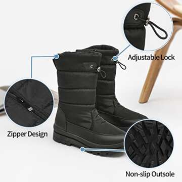 HYPOCRUTE Women's Warm Snow Boots with Fur Lined Black and White Wide Winter Boots Water-resistant Mid Calf Boots for Hiking,Working,Outdoors