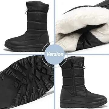 HYPOCRUTE Women's Warm Snow Boots with Fur Lined Black and White Wide Winter Boots Water-resistant Mid Calf Boots for Hiking,Working,Outdoors