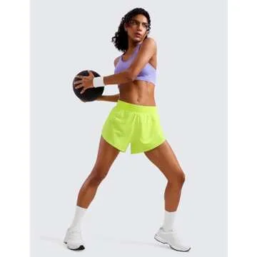 CRZ YOGA Mid Waisted Dolphin Athletic Shorts for Women 4" Lightweight High Split for Gym Workout with Liner Quick Dry Neon Yellow XX-Small