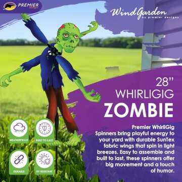 Whirligig Spinner Zombie 20" – Spooky Halloween-Themed Design, Weather-Resistant Outdoor Decor, Du...