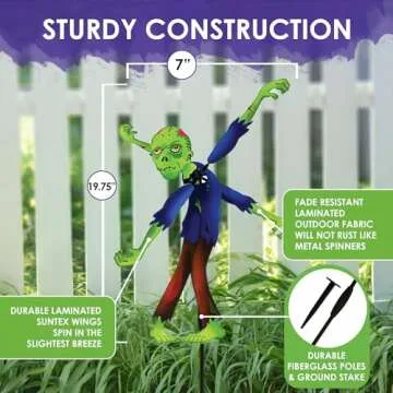 Whirligig Spinner Zombie 20" – Spooky Halloween-Themed Design, Weather-Resistant Outdoor Decor, Durable & Lightweight for Patios, Yards, and Gardens - Eye-Catching Wind Spinner