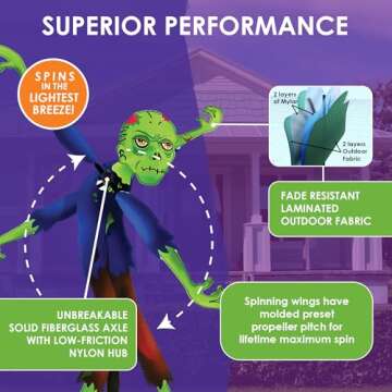 Whirligig Spinner Zombie 20" – Spooky Halloween-Themed Design, Weather-Resistant Outdoor Decor, Durable & Lightweight for Patios, Yards, and Gardens - Eye-Catching Wind Spinner