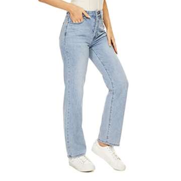 MYOURSA Straight Leg Jeans for Women High Waisted Relaxed Fit Button Fly Distressed Boyfriend Mom Jeans (Light Blue, Small)