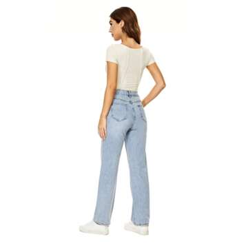 MYOURSA Straight Leg Jeans for Women High Waisted Relaxed Fit Button Fly Distressed Boyfriend Mom Jeans (Light Blue, Small)