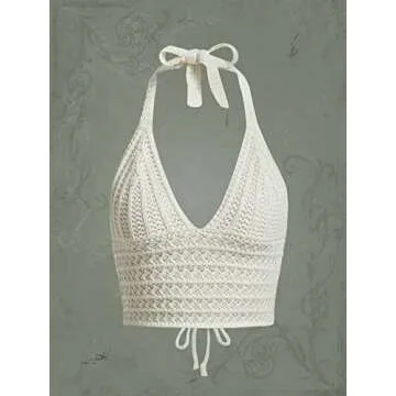 SOLY HUX Women's Stylish Crochet Halter Crop Top in Beige