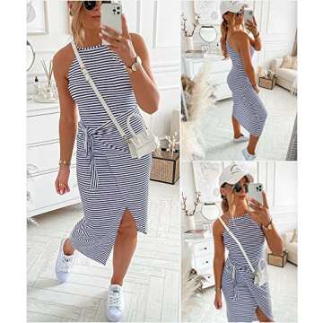 NOLLSOM Women Casual Sleeveless Striped Bodycon Tank Midi Dresses Crew Neck Ruched Tie Waist Elegant T Shirt Summer Dress (Small, Striped Navy)