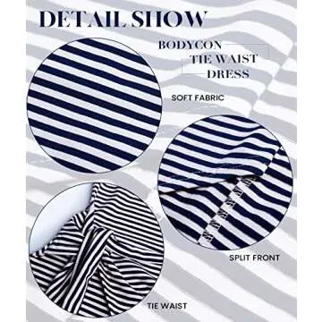 NOLLSOM Women Casual Sleeveless Striped Bodycon Tank Midi Dresses Crew Neck Ruched Tie Waist Elegant T Shirt Summer Dress (Small, Striped Navy)