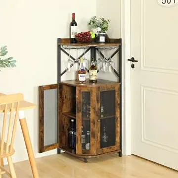 JKsmart Corner Bar Cabinet with Glass Holder, Industrial Wine Cabinet with Mesh Door, Liquor Bar Cab...