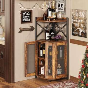 JKsmart Corner Bar Cabinet with Glass Holder, Industrial Wine Cabinet with Mesh Door, Liquor Bar Cabinet with Adjustable Shelf, Home Bar for Liquor and Wine Storage, Rustic Brown