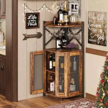 JKsmart Corner Bar Cabinet with Glass Holder, Industrial Wine Cabinet with Mesh Door, Liquor Bar Cabinet with Adjustable Shelf, Home Bar for Liquor and Wine Storage, Rustic Brown