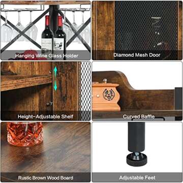 JKsmart Corner Bar Cabinet with Glass Holder, Industrial Wine Cabinet with Mesh Door, Liquor Bar Cabinet with Adjustable Shelf, Home Bar for Liquor and Wine Storage, Rustic Brown