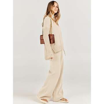 Caracilia Womens 2 Piece Sweater Set Knit Pullover Wide Leg Pants Lounge Matching Sets 2024 Fall Fashion Travel Outfits Beige Small