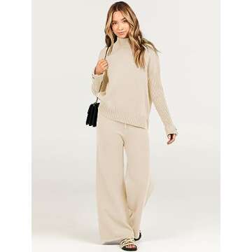 Caracilia Womens 2 Piece Sweater Set Knit Pullover Wide Leg Pants Lounge Matching Sets 2024 Fall Fashion Travel Outfits Beige Small