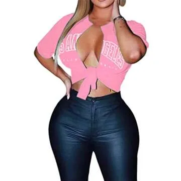 Zoyami Womens Sexy Tie Front Crop Top Los Angeles Short Sleeve Graphic Tee Shirt Clubwear Letter Pink Large