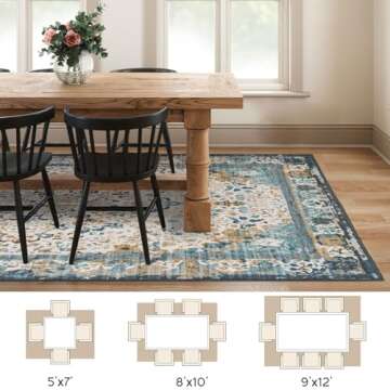 Rineflo-9'x12' Area Rugs,Machine Washable Rug for Living Room Dinner Room Bedroom,Bohemian Style Soft Non Slip Rug Carpet,Oriental Vintage Low Pile Large Area Rug (Blue, 9'x12')