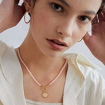 Initial Choker Pearl Necklace for Women, 14K Gold Plated Handmade 4MM Simulated Shell Pearl Necklace...