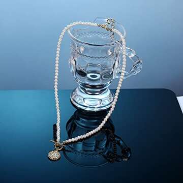 Initial Choker Pearl Necklace for Women, 14K Gold Plated Handmade 4MM Simulated Shell Pearl Necklace Choker Dainty Toggle Clasp Initial Coin Pendant Pearl Necklace for Women Jewelry Gifts