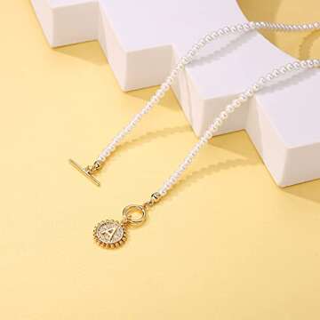 Initial Choker Pearl Necklace for Women, 14K Gold Plated Handmade 4MM Simulated Shell Pearl Necklace Choker Dainty Toggle Clasp Initial Coin Pendant Pearl Necklace for Women Jewelry Gifts