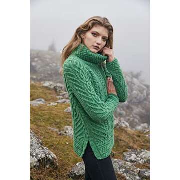 SAOL Women's 100% Merino Wool Fisherman Funnel Neck Cable Knit Long Loose Fit Sweater Knitwear (Gree...