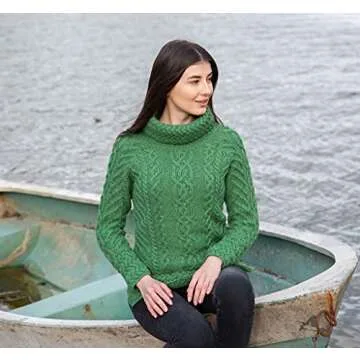 SAOL Women's 100% Merino Wool Fisherman Funnel Neck Cable Knit Long Loose Fit Sweater Knitwear (Green, Medium)