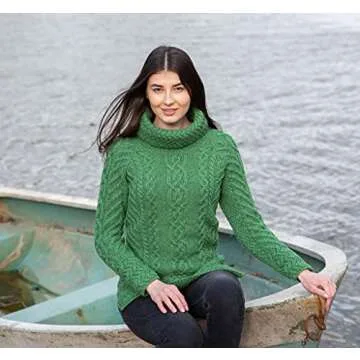 SAOL Women's 100% Merino Wool Fisherman Funnel Neck Cable Knit Long Loose Fit Sweater Knitwear (Green, Medium)