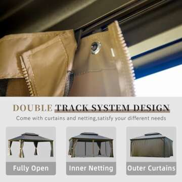 Domi 12x16FT Hardtop Gazebo with Netting & Curtains, Outdoor Aluminum Frame Gazebo with Galvanized Steel Double Roof, Outdoor Permanent Metal Pavilion for Patio Deck Lawn and Garden, Brown