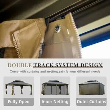 Domi 12x16FT Hardtop Gazebo with Netting & Curtains, Outdoor Aluminum Frame Gazebo with Galvanized Steel Double Roof, Outdoor Permanent Metal Pavilion for Patio Deck Lawn and Garden, Brown