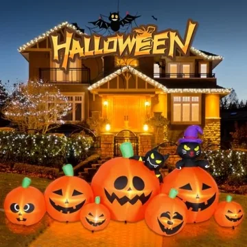 8 FT Halloween Inflatable Pumpkins with Cat & Bat