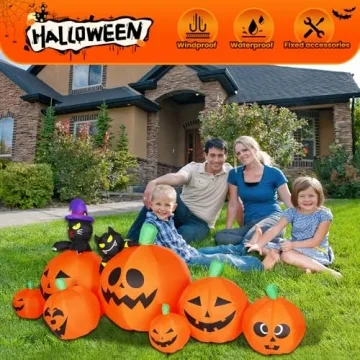 8 FT Halloween Inflatable Pumpkins with Cat & Bat