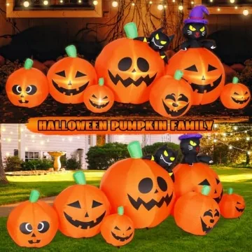 8 FT Halloween Inflatable Pumpkins with Cat & Bat