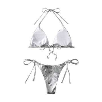SweatyRocks Women's 2 Piece Metallic Bathing Suit Halter Triangle Bikini Tie Side Swimsuit Silver L