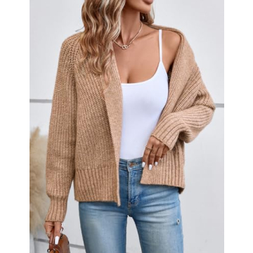 Yingkis Women's Cardigan Sweaters Fall Winter Open Front Batwing Long Sleeve Shawl Neck Chunky Knit Loose Outwear Coats,Camel 2XL