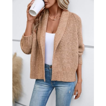 Yingkis Women's Cardigan Sweaters Fall Winter Open Front Batwing Long Sleeve Shawl Neck Chunky Knit Loose Outwear Coats,Camel 2XL