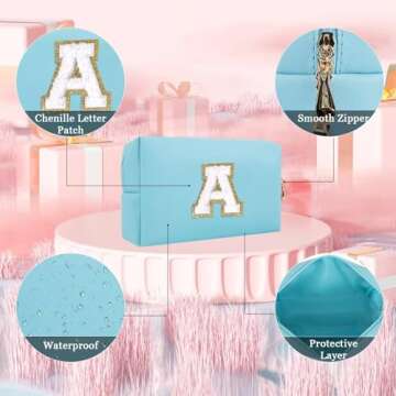 Small Personalized Initial Letter Makeup Bag, Cute Waterproof PU Leather Chenille Letter Cosmetic Bag Travel Makeup Bag, Preppy Makeup Pouch Toiletry Zipper Pouch Organizer for Women and Girls(Blue-A)