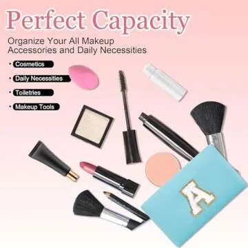 Small Personalized Initial Letter Makeup Bag, Cute Waterproof PU Leather Chenille Letter Cosmetic Bag Travel Makeup Bag, Preppy Makeup Pouch Toiletry Zipper Pouch Organizer for Women and Girls(Blue-A)