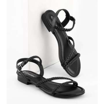 Greatonu Women's Flat Sandals Summer Braided Slip On Gladiator Sandals Open Toe Strappy Slingback Shoes Black Size 5.5