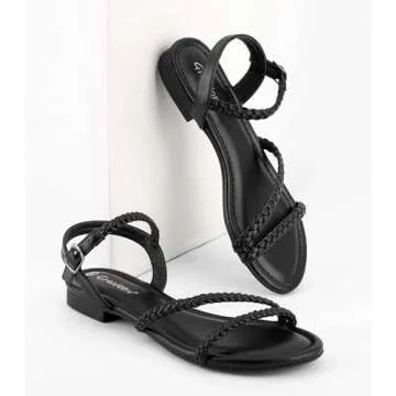 Greatonu Women's Flat Sandals Summer Braided Slip On Gladiator Sandals Open Toe Strappy Slingback Shoes Black Size 5.5